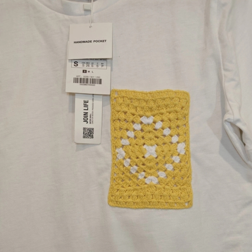 Zara Sz‎ Small Crochet Handmade Pocket Short Sleeve Women's White T-Shirt Top - Picture 3 of 8